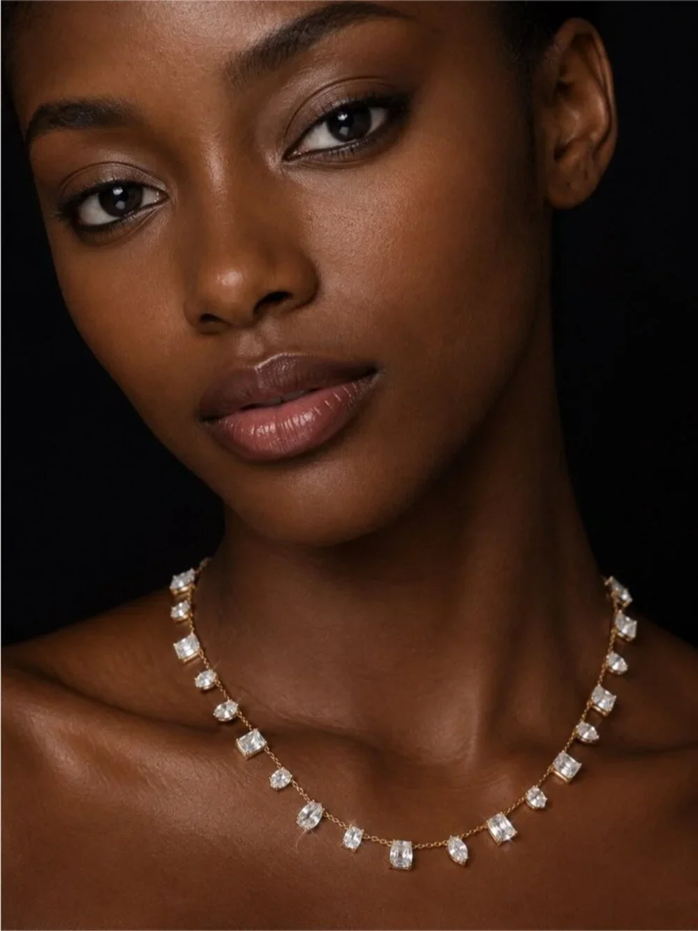 Gold Necklace with Clear Crystal Drops